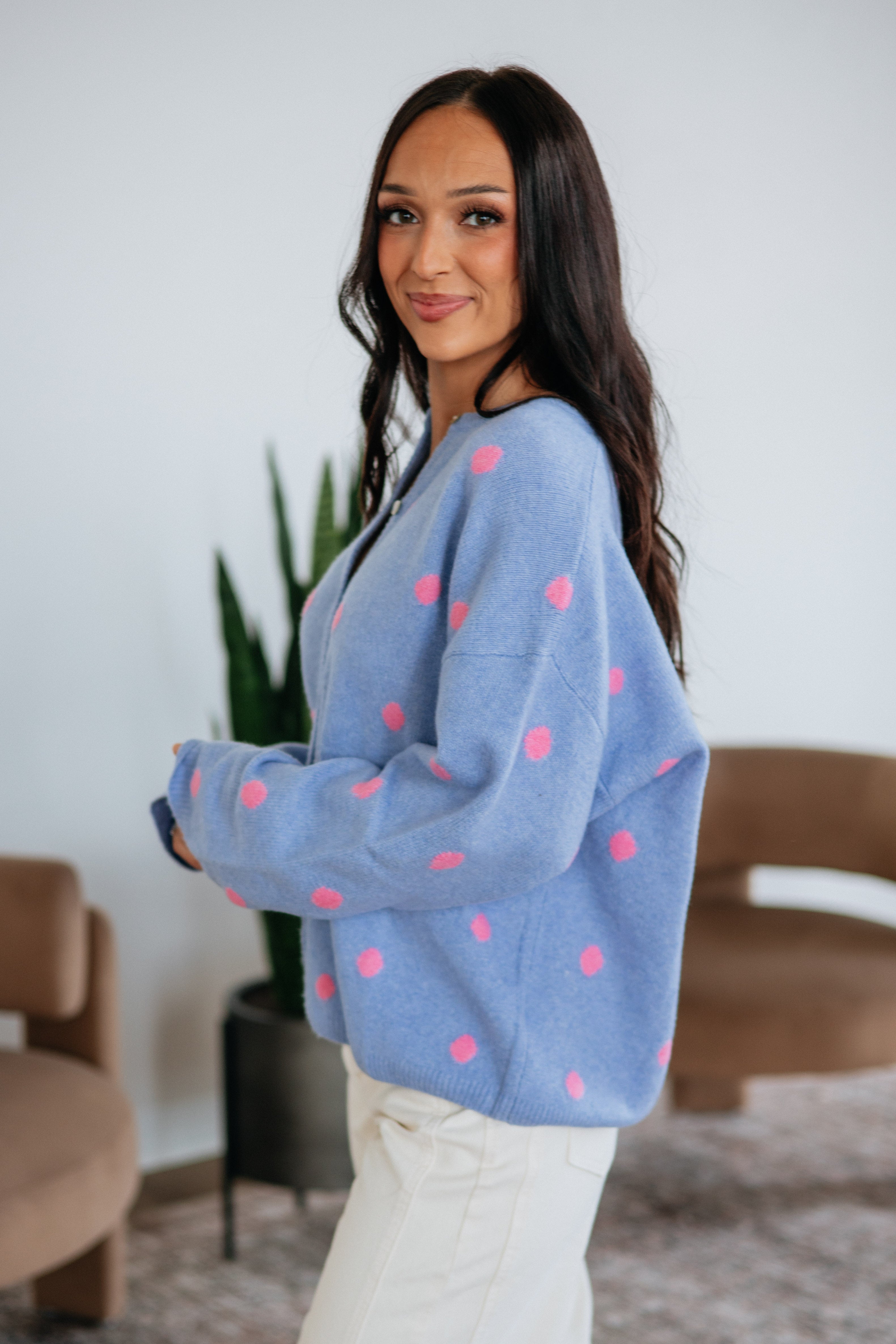 Round Neck Long Sleeve Polka Dot Sweater Knit Cardigan
