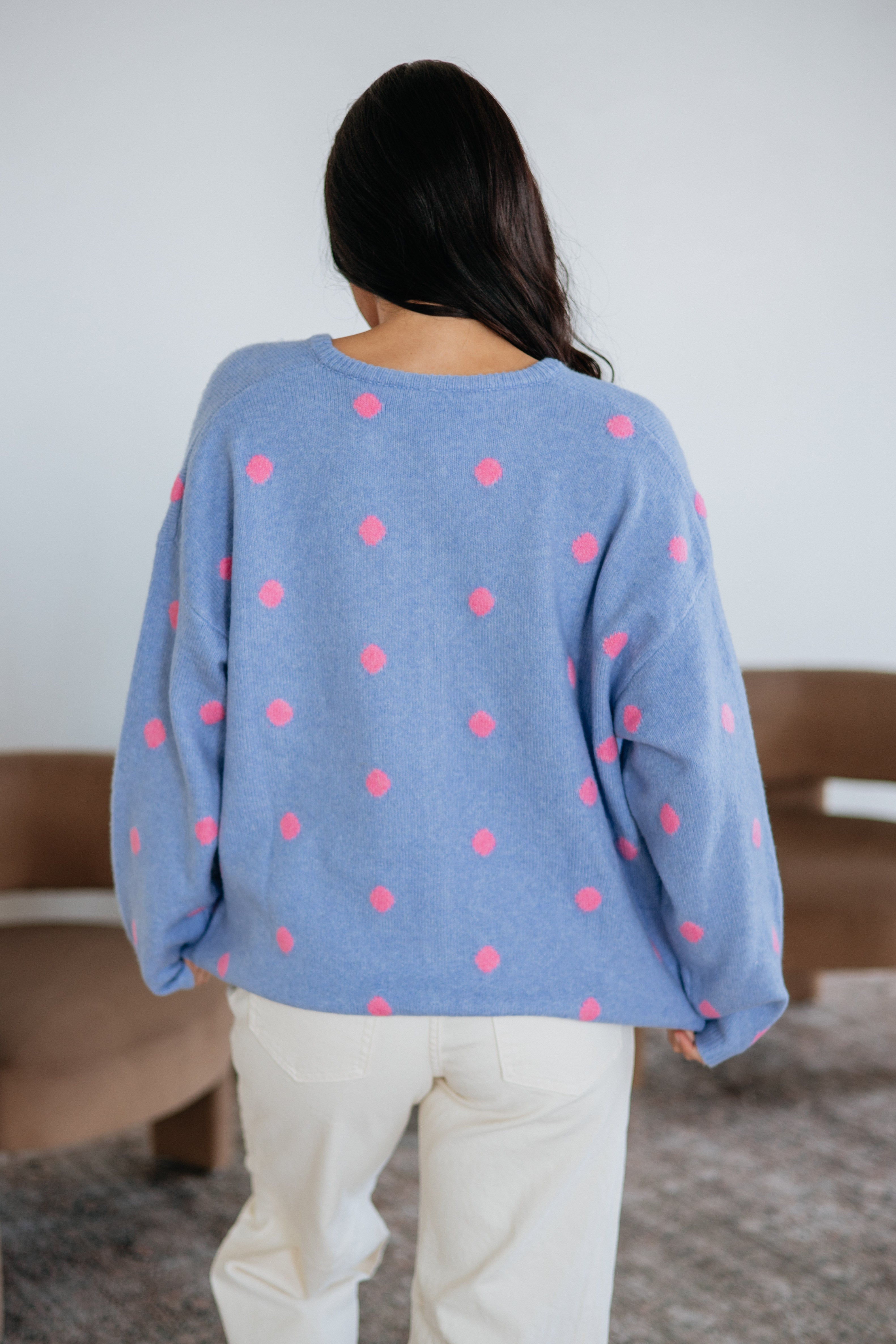 Round Neck Long Sleeve Polka Dot Sweater Knit Cardigan