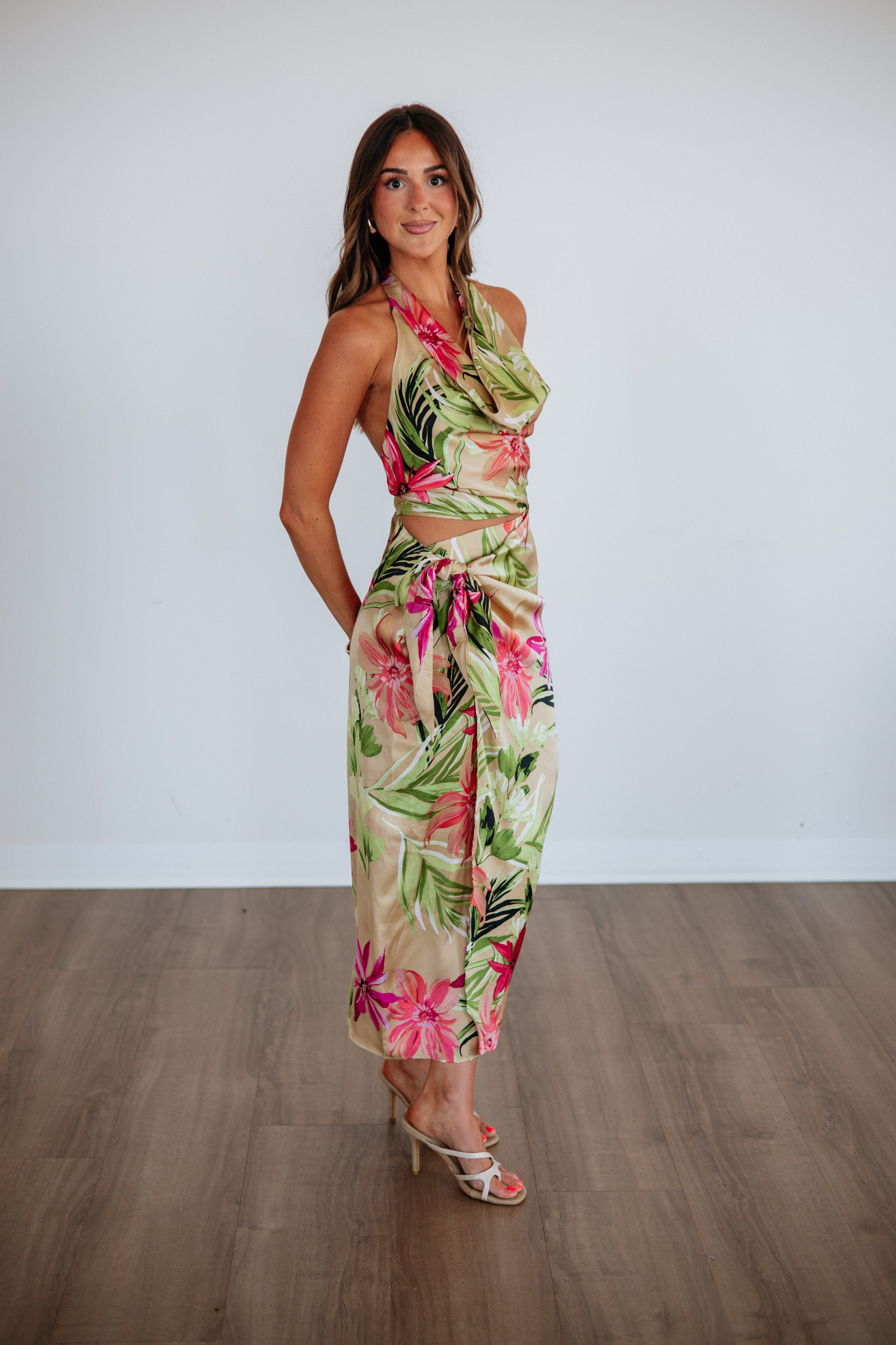 Sarong Wrap Midi Skirt in Sand Mix Polyester
