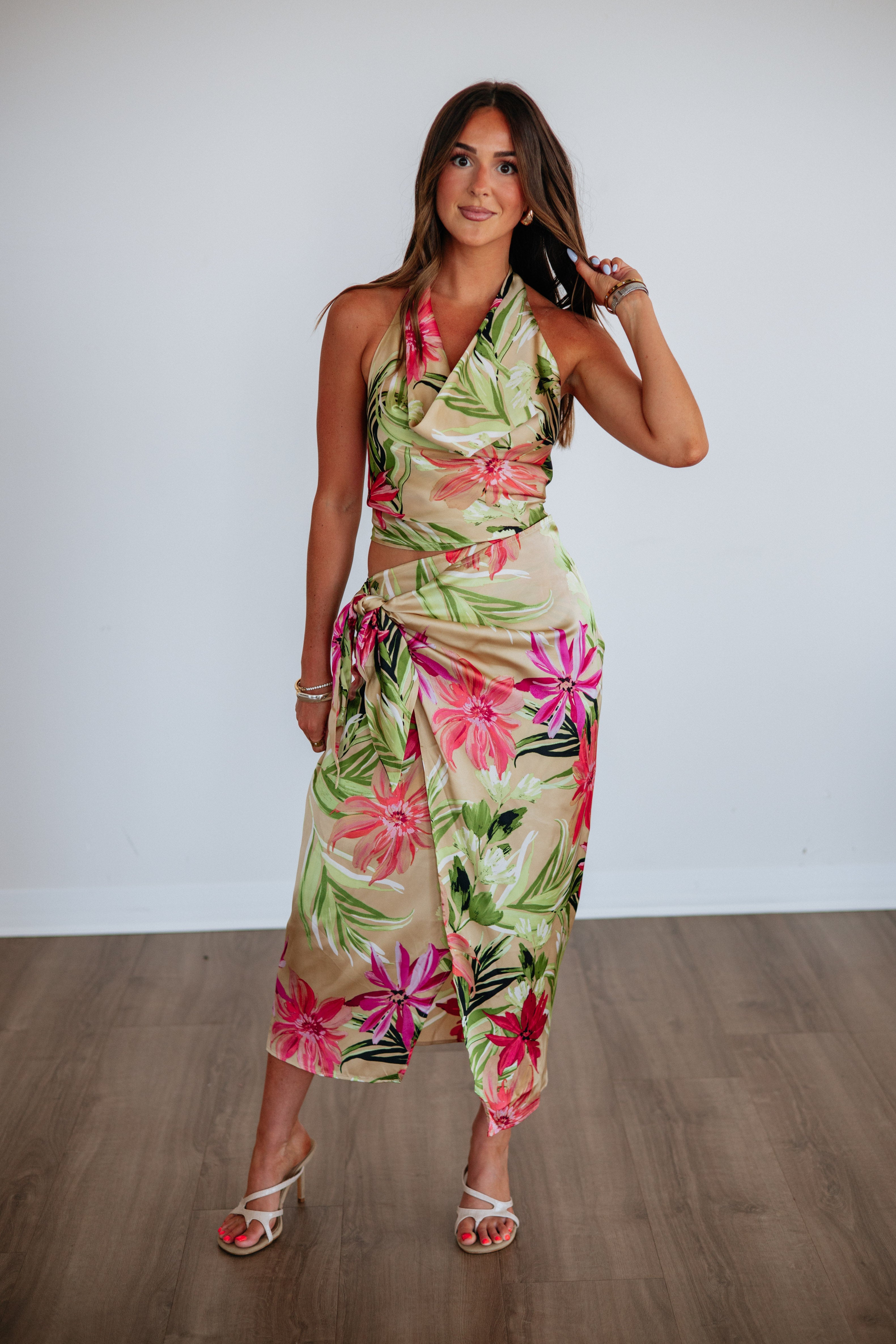 Sarong Wrap Midi Skirt in Sand Mix Polyester