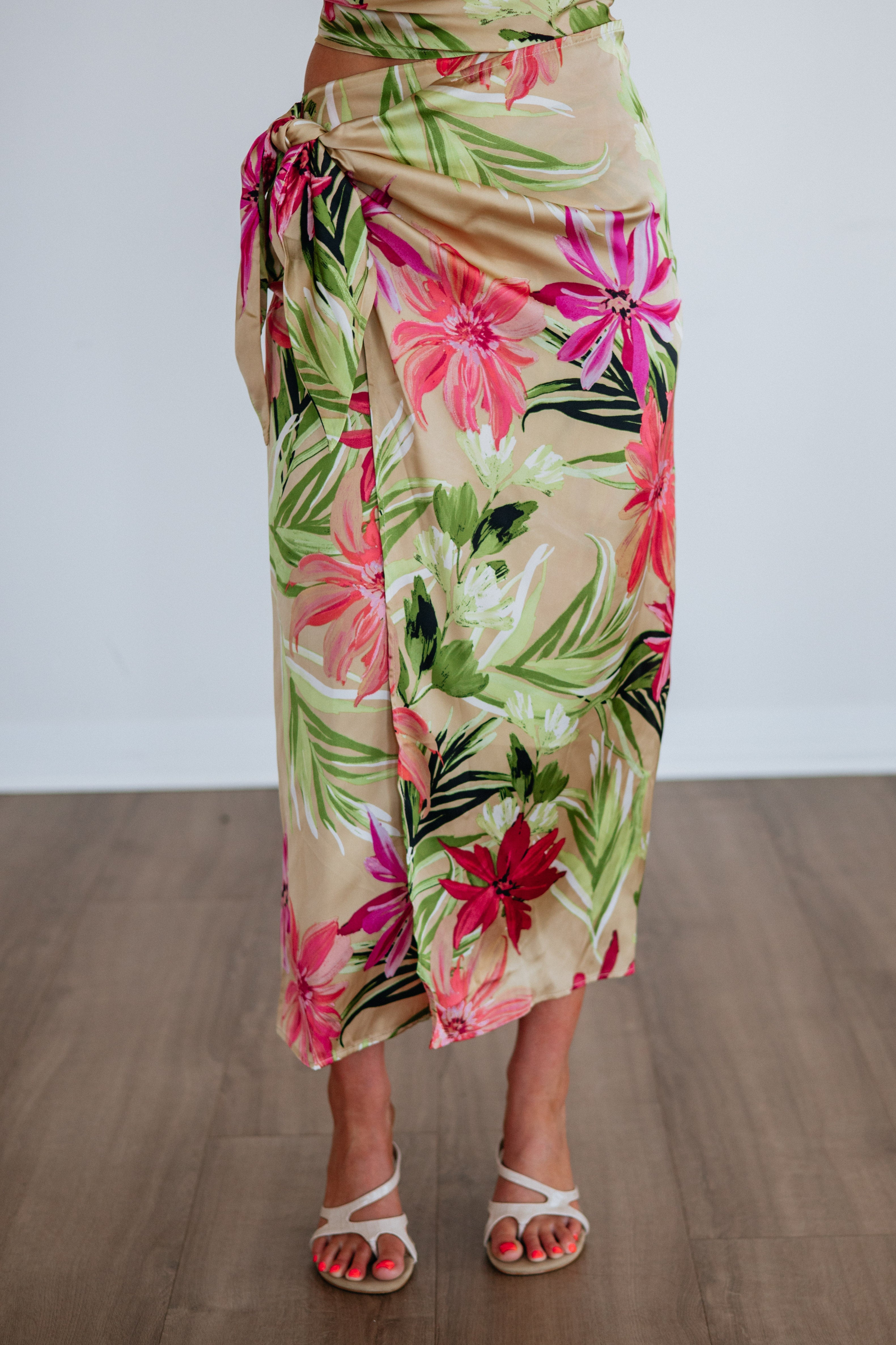 Sarong Wrap Midi Skirt in Sand Mix Polyester